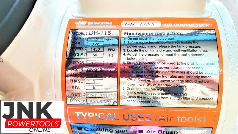 ปั๊มลมโรตารี่ OilLess Swan 30L รุ่น DR-115-30L เนมเพจ